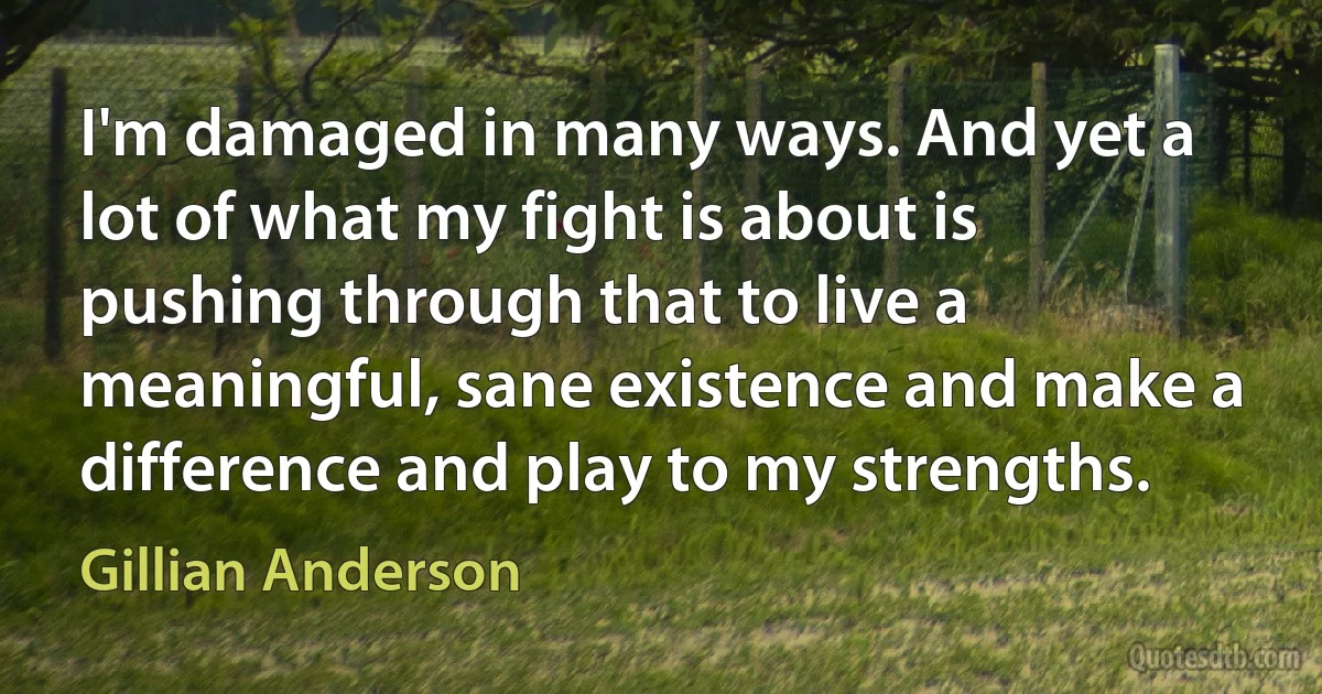 I'm damaged in many ways. And yet a lot of what my fight is about is pushing through that to live a meaningful, sane existence and make a difference and play to my strengths. (Gillian Anderson)