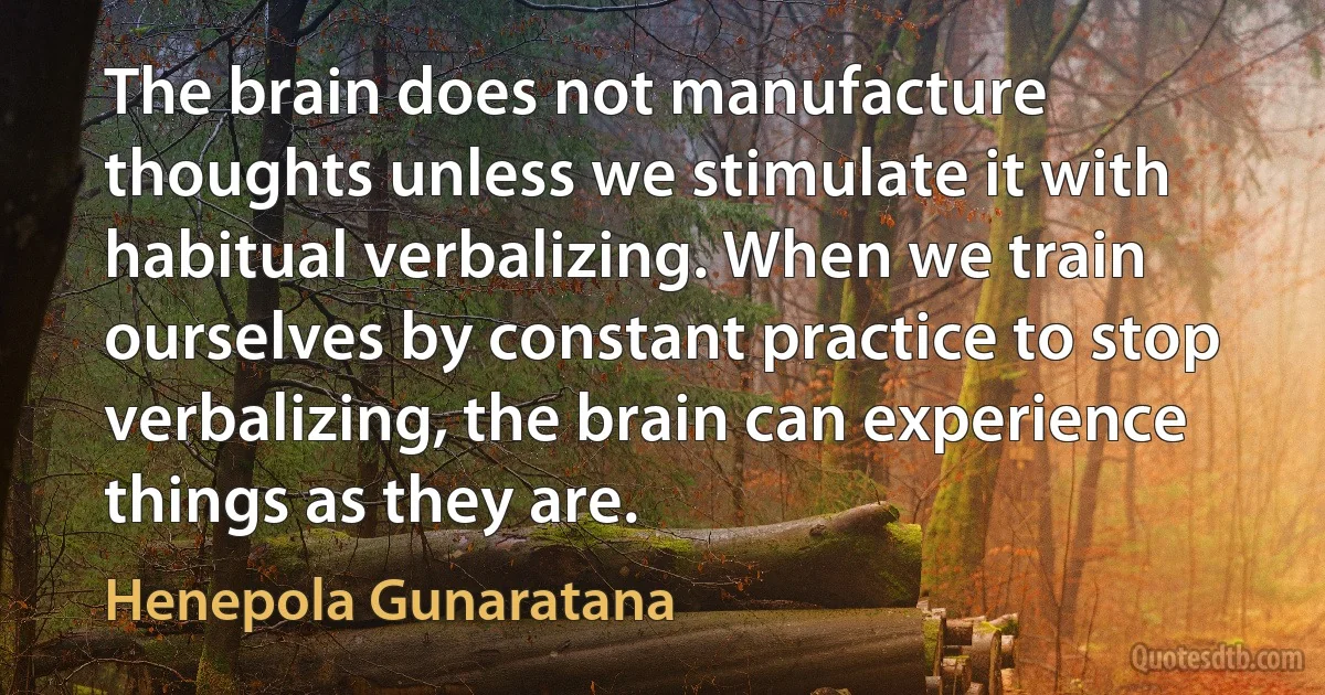 The brain does not manufacture thoughts unless we stimulate it with habitual verbalizing. When we train ourselves by constant practice to stop verbalizing, the brain can experience things as they are. (Henepola Gunaratana)