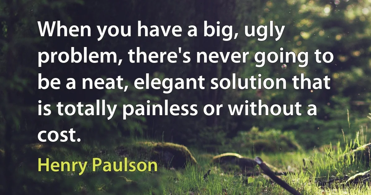 When you have a big, ugly problem, there's never going to be a neat, elegant solution that is totally painless or without a cost. (Henry Paulson)