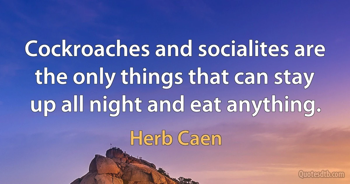 Cockroaches and socialites are the only things that can stay up all night and eat anything. (Herb Caen)