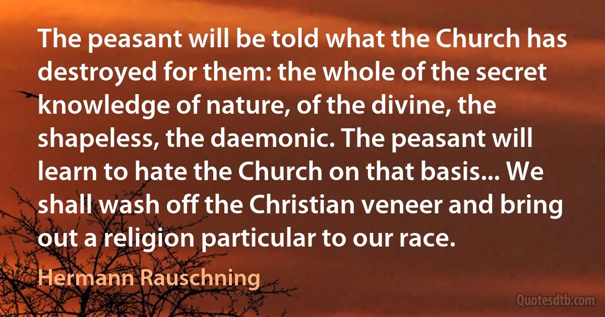 The peasant will be told what the Church has destroyed for them: the whole of the secret knowledge of nature, of the divine, the shapeless, the daemonic. The peasant will learn to hate the Church on that basis... We shall wash off the Christian veneer and bring out a religion particular to our race. (Hermann Rauschning)