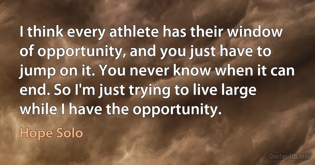 I think every athlete has their window of opportunity, and you just have to jump on it. You never know when it can end. So I'm just trying to live large while I have the opportunity. (Hope Solo)