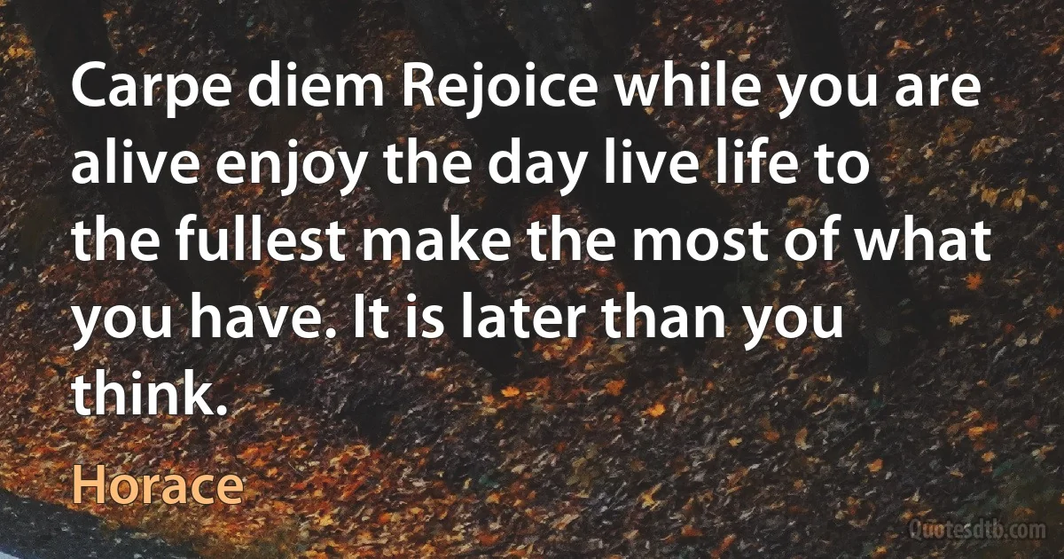 Carpe diem Rejoice while you are alive enjoy the day live life to the fullest make the most of what you have. It is later than you think. (Horace)