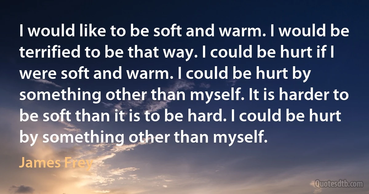 I would like to be soft and warm. I would be terrified to be that way. I could be hurt if I were soft and warm. I could be hurt by something other than myself. It is harder to be soft than it is to be hard. I could be hurt by something other than myself. (James Frey)