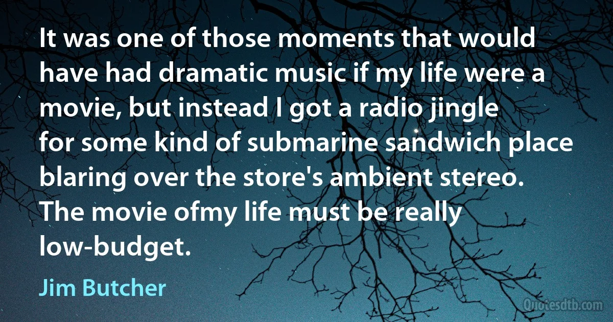 It was one of those moments that would have had dramatic music if my life were a movie, but instead I got a radio jingle for some kind of submarine sandwich place blaring over the store's ambient stereo. The movie ofmy life must be really low-budget. (Jim Butcher)