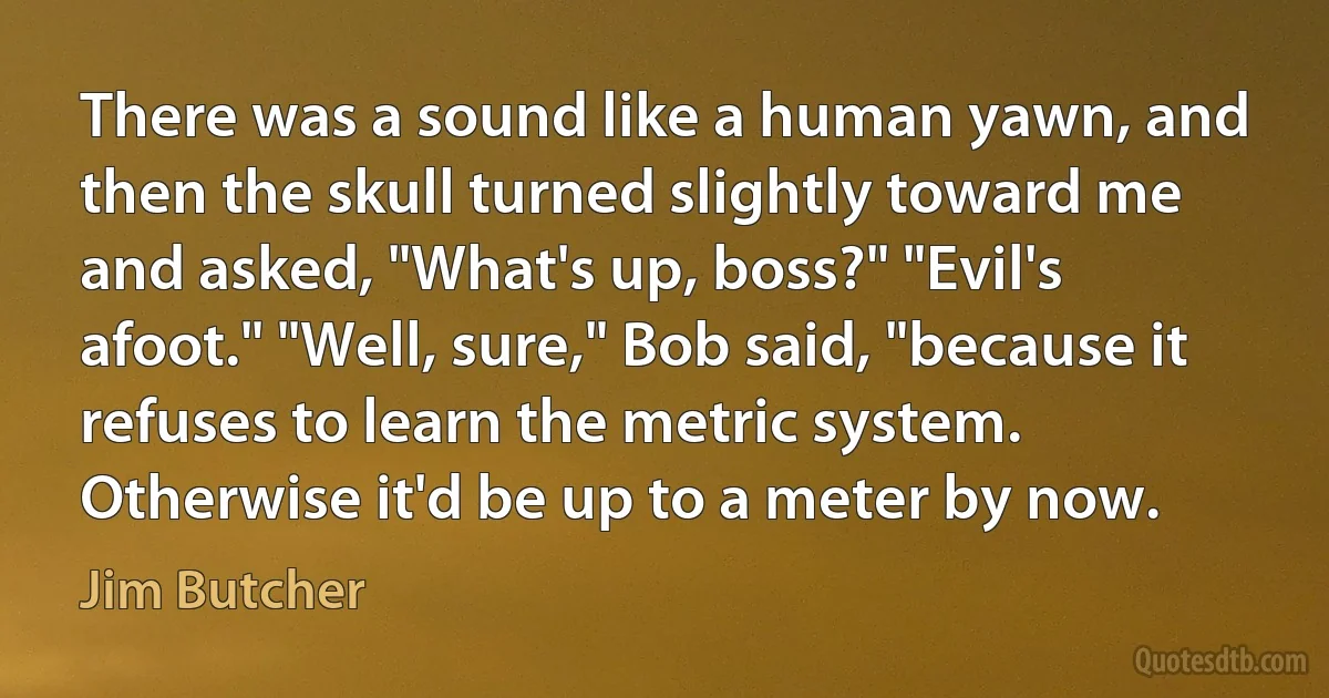 There was a sound like a human yawn, and then the skull turned slightly toward me and asked, "What's up, boss?" "Evil's afoot." "Well, sure," Bob said, "because it refuses to learn the metric system. Otherwise it'd be up to a meter by now. (Jim Butcher)