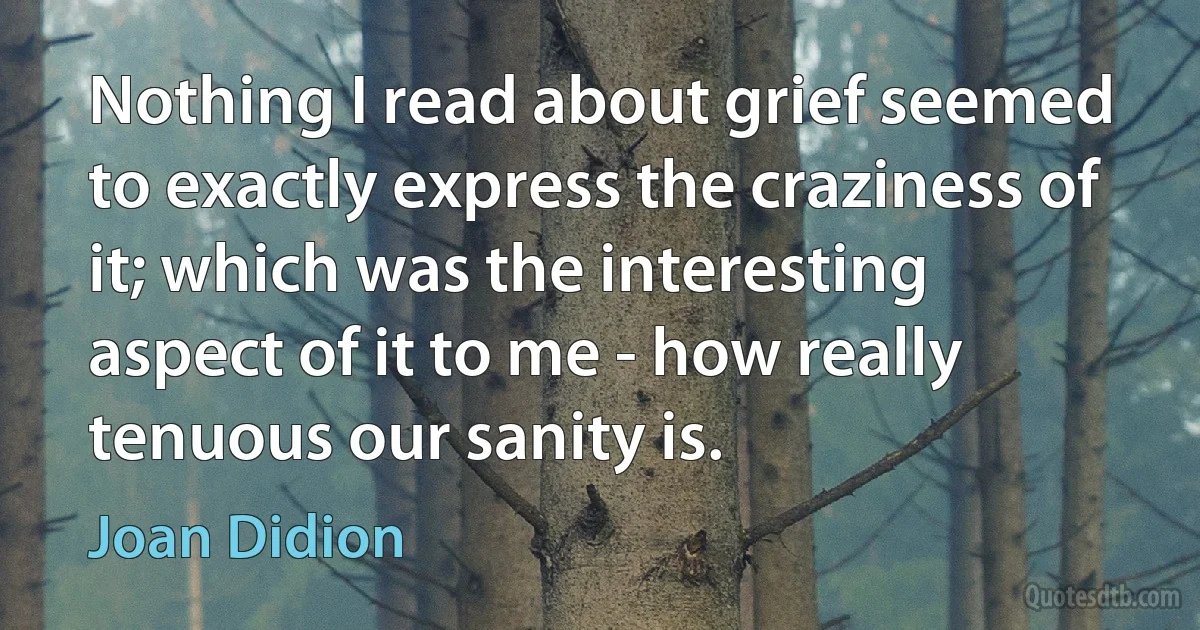 Nothing I read about grief seemed to exactly express the craziness of it; which was the interesting aspect of it to me - how really tenuous our sanity is. (Joan Didion)