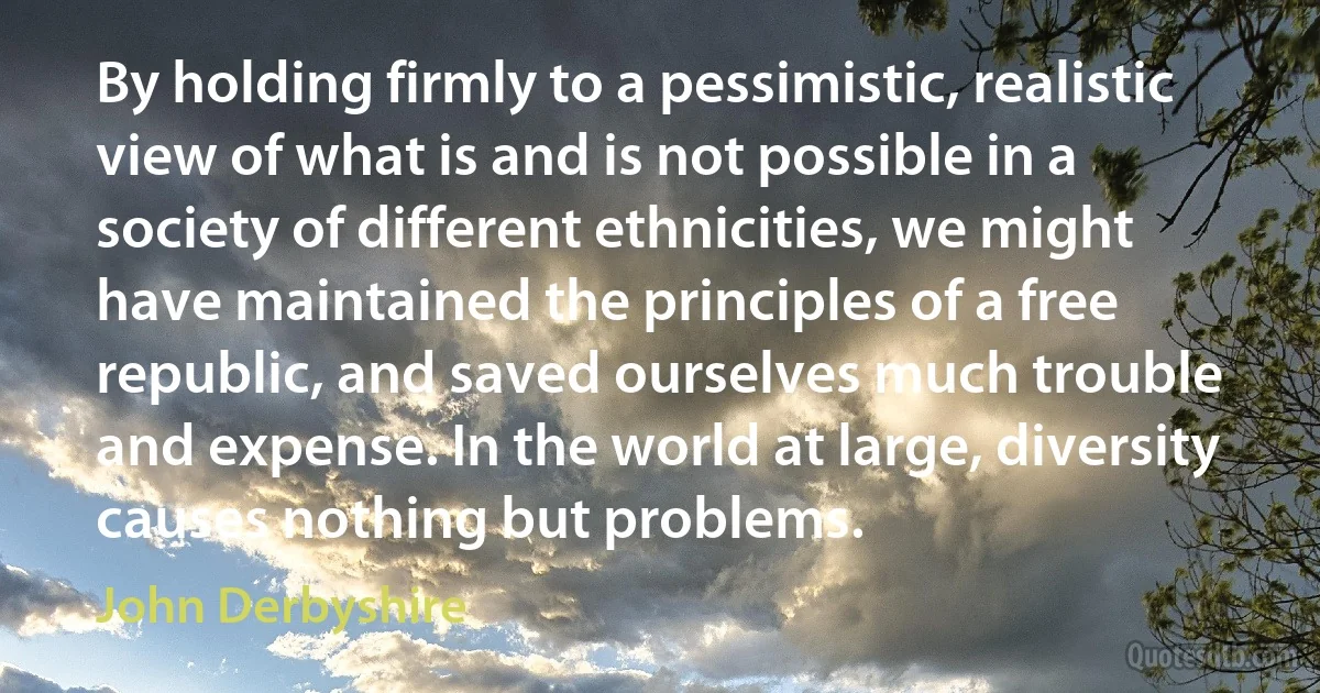 By holding firmly to a pessimistic, realistic view of what is and is not possible in a society of different ethnicities, we might have maintained the principles of a free republic, and saved ourselves much trouble and expense. In the world at large, diversity causes nothing but problems. (John Derbyshire)