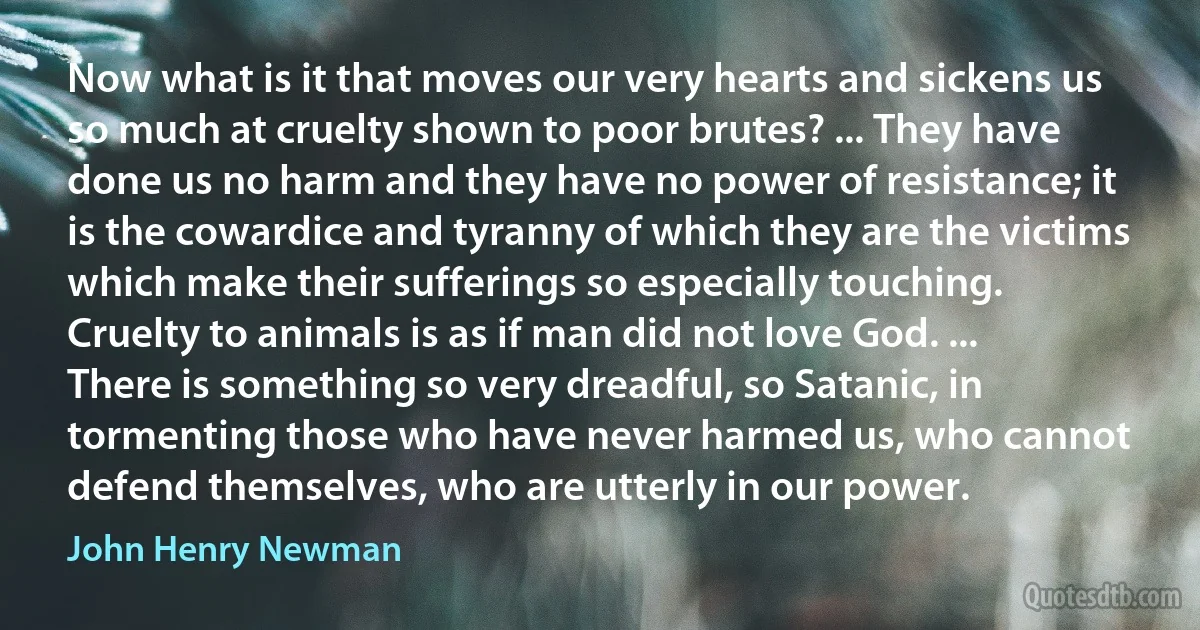 Now what is it that moves our very hearts and sickens us so much at cruelty shown to poor brutes? ... They have done us no harm and they have no power of resistance; it is the cowardice and tyranny of which they are the victims which make their sufferings so especially touching. Cruelty to animals is as if man did not love God. ... There is something so very dreadful, so Satanic, in tormenting those who have never harmed us, who cannot defend themselves, who are utterly in our power. (John Henry Newman)