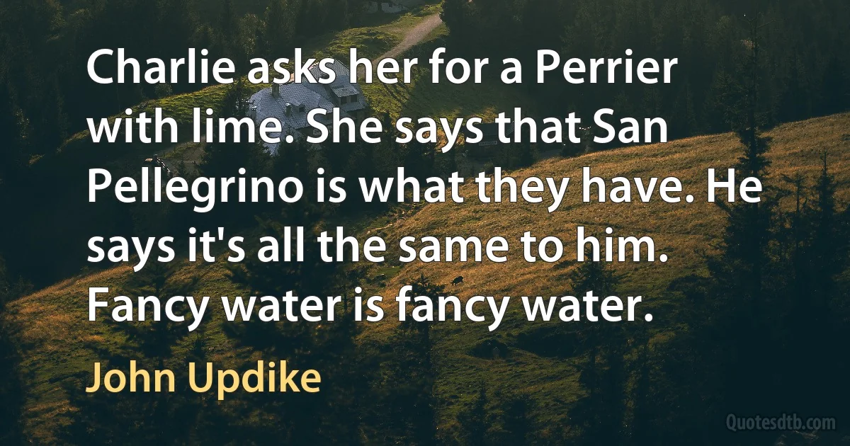 Charlie asks her for a Perrier with lime. She says that San Pellegrino is what they have. He says it's all the same to him. Fancy water is fancy water. (John Updike)