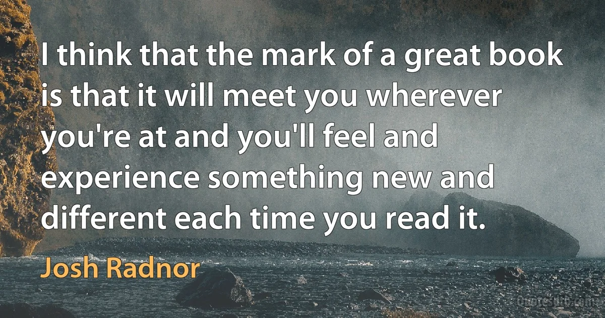 I think that the mark of a great book is that it will meet you wherever you're at and you'll feel and experience something new and different each time you read it. (Josh Radnor)