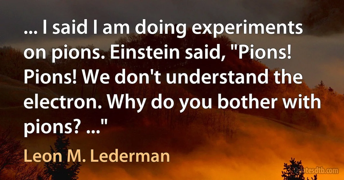 ... I said I am doing experiments on pions. Einstein said, "Pions! Pions! We don't understand the electron. Why do you bother with pions? ..." (Leon M. Lederman)