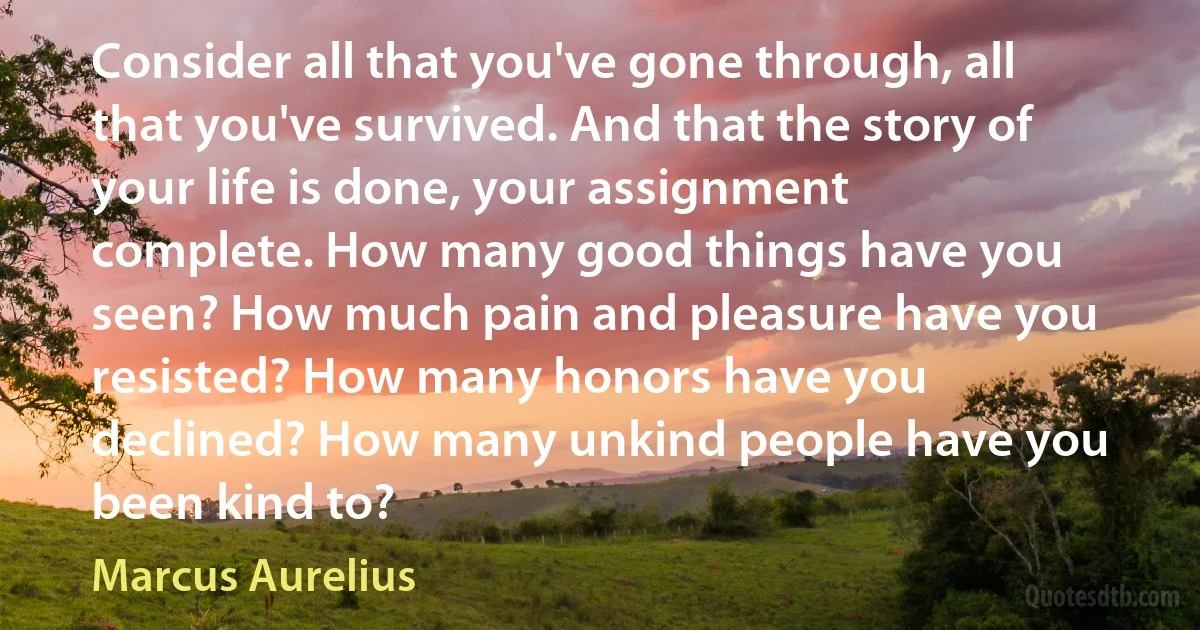 Consider all that you've gone through, all that you've survived. And that the story of your life is done, your assignment complete. How many good things have you seen? How much pain and pleasure have you resisted? How many honors have you declined? How many unkind people have you been kind to? (Marcus Aurelius)