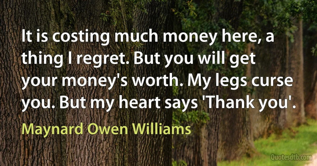 It is costing much money here, a thing I regret. But you will get your money's worth. My legs curse you. But my heart says 'Thank you'. (Maynard Owen Williams)