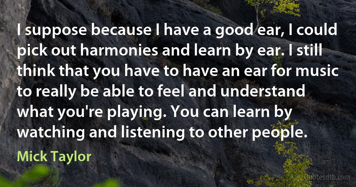 I suppose because I have a good ear, I could pick out harmonies and learn by ear. I still think that you have to have an ear for music to really be able to feel and understand what you're playing. You can learn by watching and listening to other people. (Mick Taylor)