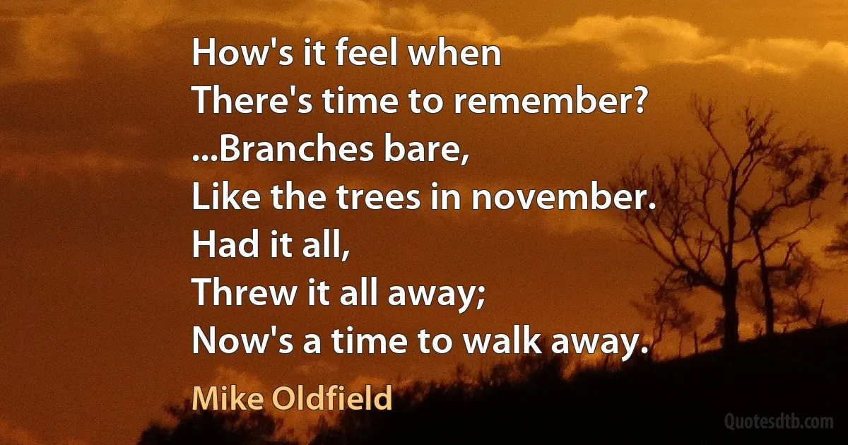 How's it feel when
There's time to remember?
...Branches bare,
Like the trees in november.
Had it all,
Threw it all away;
Now's a time to walk away. (Mike Oldfield)