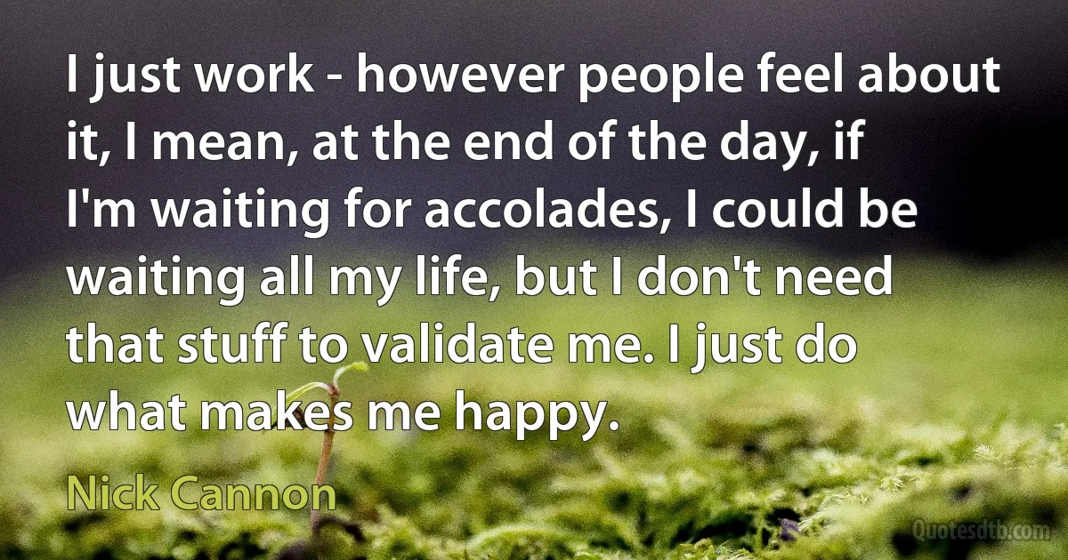 I just work - however people feel about it, I mean, at the end of the day, if I'm waiting for accolades, I could be waiting all my life, but I don't need that stuff to validate me. I just do what makes me happy. (Nick Cannon)