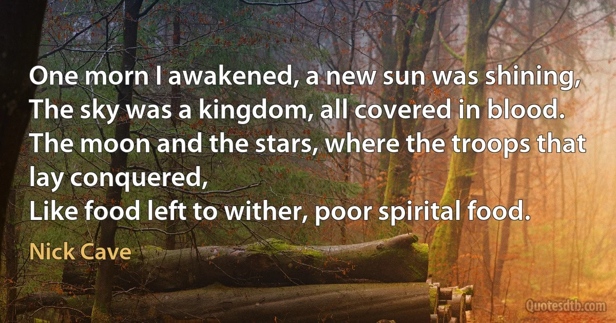 One morn I awakened, a new sun was shining,
The sky was a kingdom, all covered in blood.
The moon and the stars, where the troops that lay conquered,
Like food left to wither, poor spirital food. (Nick Cave)