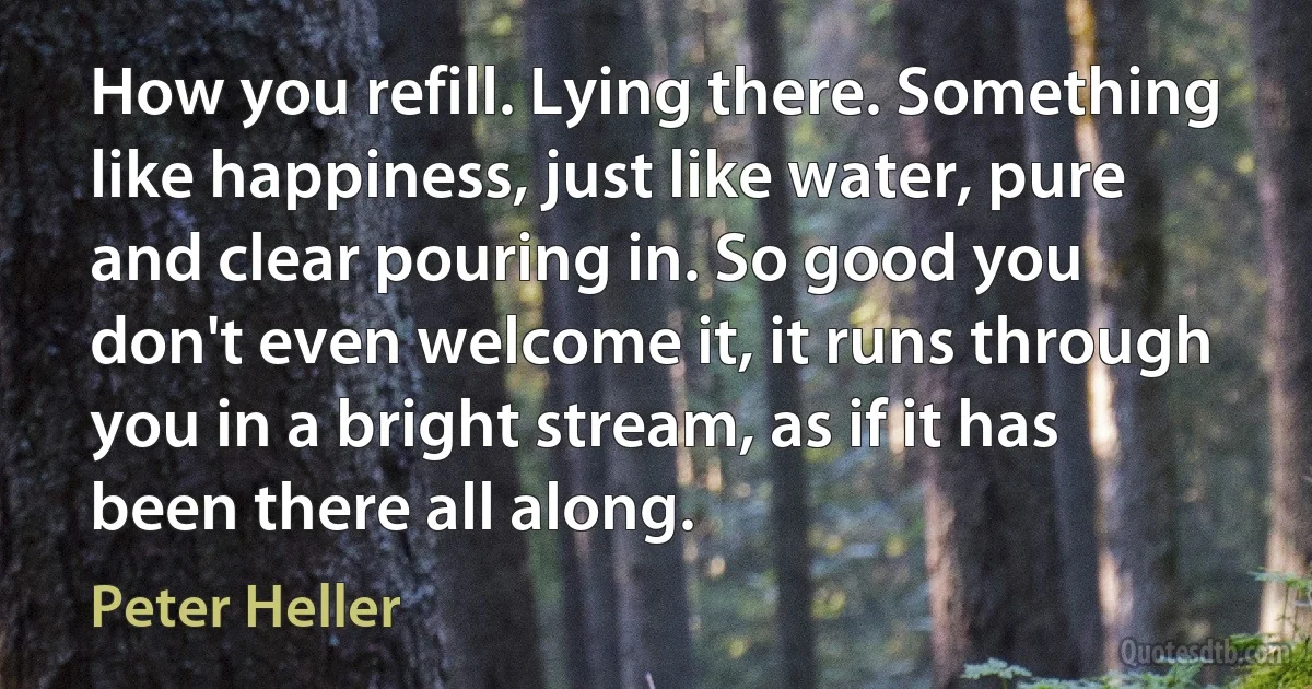 How you refill. Lying there. Something like happiness, just like water, pure and clear pouring in. So good you don't even welcome it, it runs through you in a bright stream, as if it has been there all along. (Peter Heller)