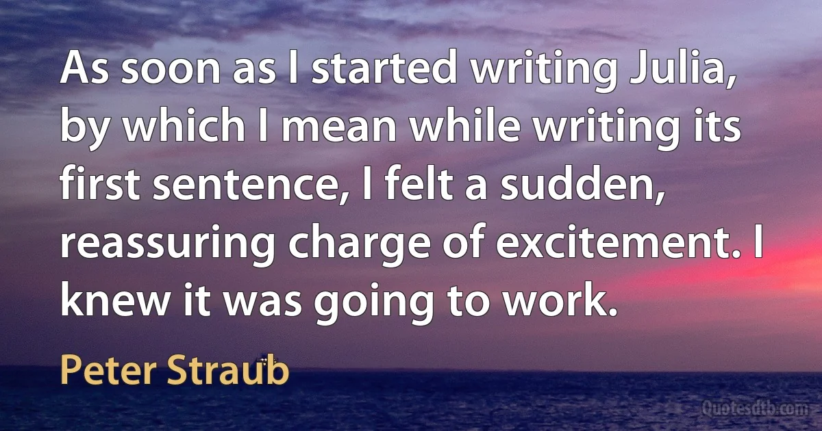 As soon as I started writing Julia, by which I mean while writing its first sentence, I felt a sudden, reassuring charge of excitement. I knew it was going to work. (Peter Straub)