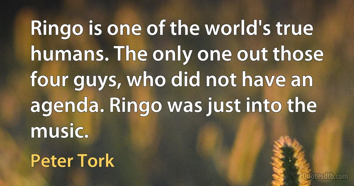 Ringo is one of the world's true humans. The only one out those four guys, who did not have an agenda. Ringo was just into the music. (Peter Tork)