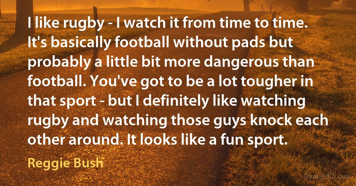 I like rugby - I watch it from time to time. It's basically football without pads but probably a little bit more dangerous than football. You've got to be a lot tougher in that sport - but I definitely like watching rugby and watching those guys knock each other around. It looks like a fun sport. (Reggie Bush)