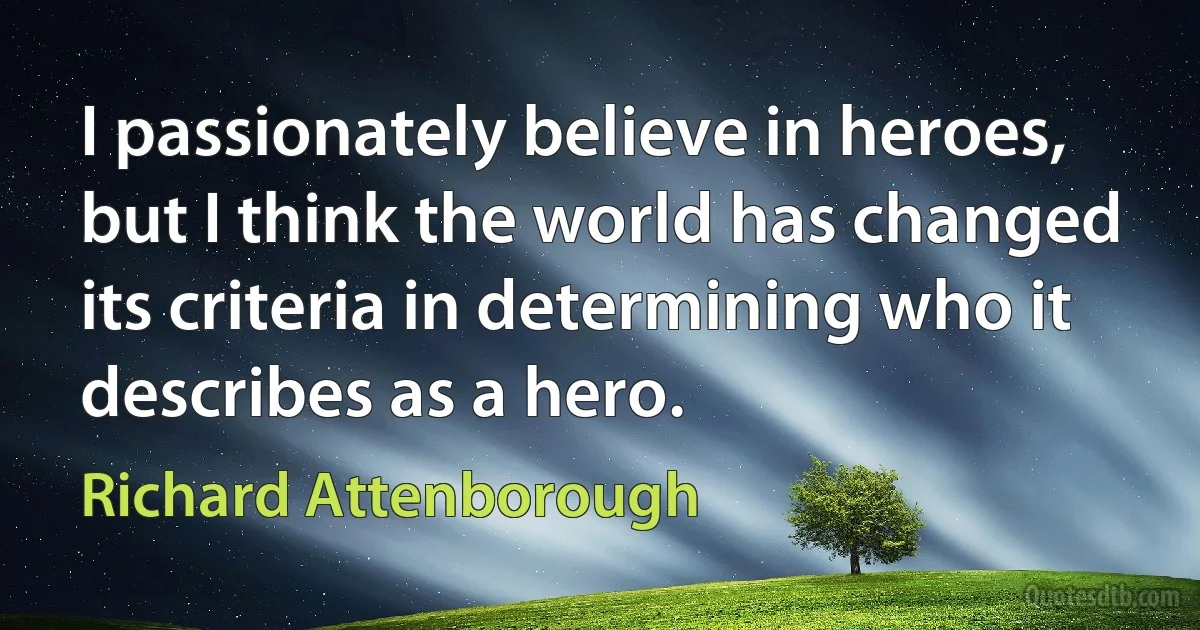 I passionately believe in heroes, but I think the world has changed its criteria in determining who it describes as a hero. (Richard Attenborough)