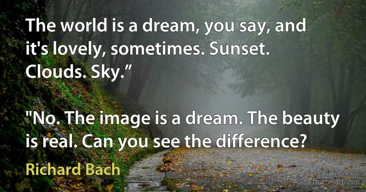 The world is a dream, you say, and it's lovely, sometimes. Sunset. Clouds. Sky.”

"No. The image is a dream. The beauty is real. Can you see the difference? (Richard Bach)