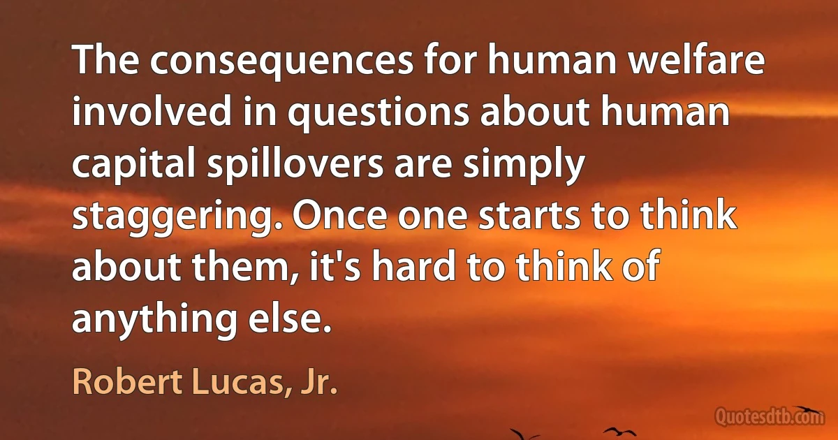 The consequences for human welfare involved in questions about human capital spillovers are simply staggering. Once one starts to think about them, it's hard to think of anything else. (Robert Lucas, Jr.)