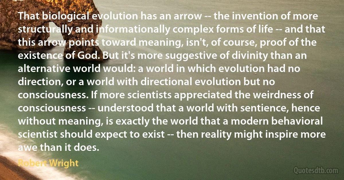 That biological evolution has an arrow -- the invention of more structurally and informationally complex forms of life -- and that this arrow points toward meaning, isn't, of course, proof of the existence of God. But it's more suggestive of divinity than an alternative world would: a world in which evolution had no direction, or a world with directional evolution but no consciousness. If more scientists appreciated the weirdness of consciousness -- understood that a world with sentience, hence without meaning, is exactly the world that a modern behavioral scientist should expect to exist -- then reality might inspire more awe than it does. (Robert Wright)