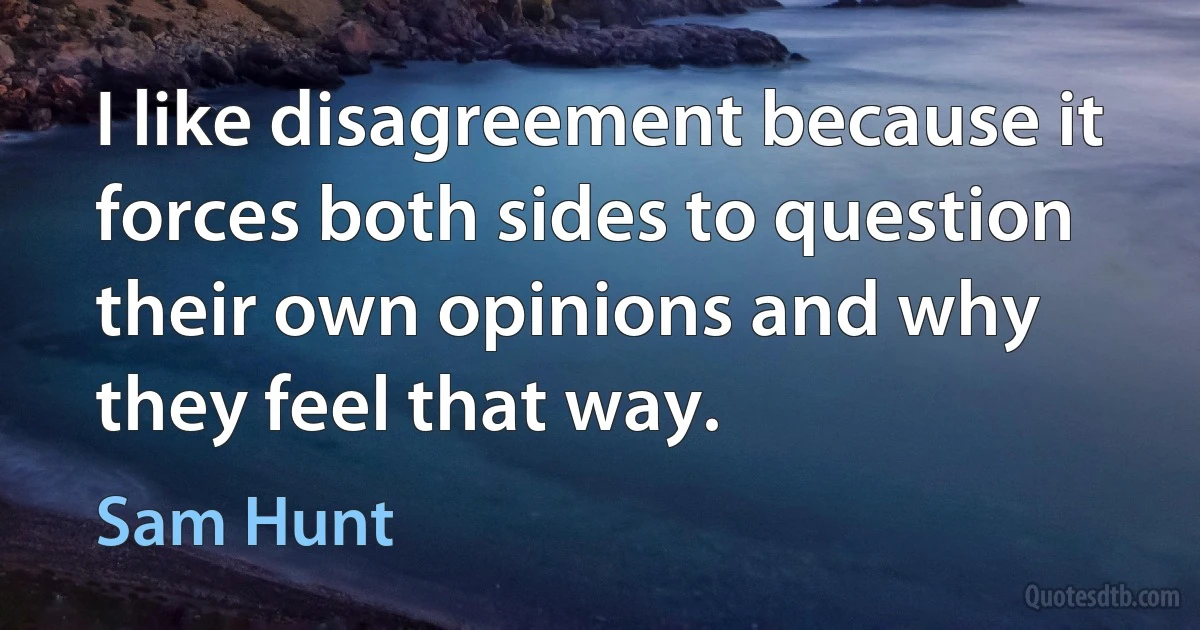 I like disagreement because it forces both sides to question their own opinions and why they feel that way. (Sam Hunt)