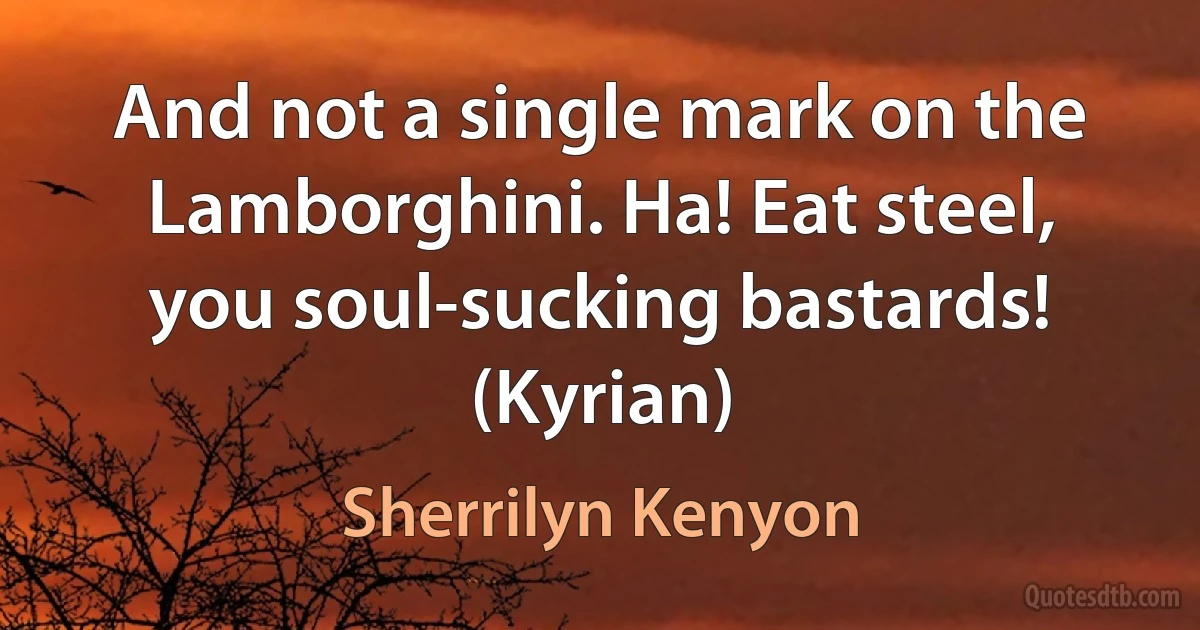 And not a single mark on the Lamborghini. Ha! Eat steel, you soul-sucking bastards! (Kyrian) (Sherrilyn Kenyon)