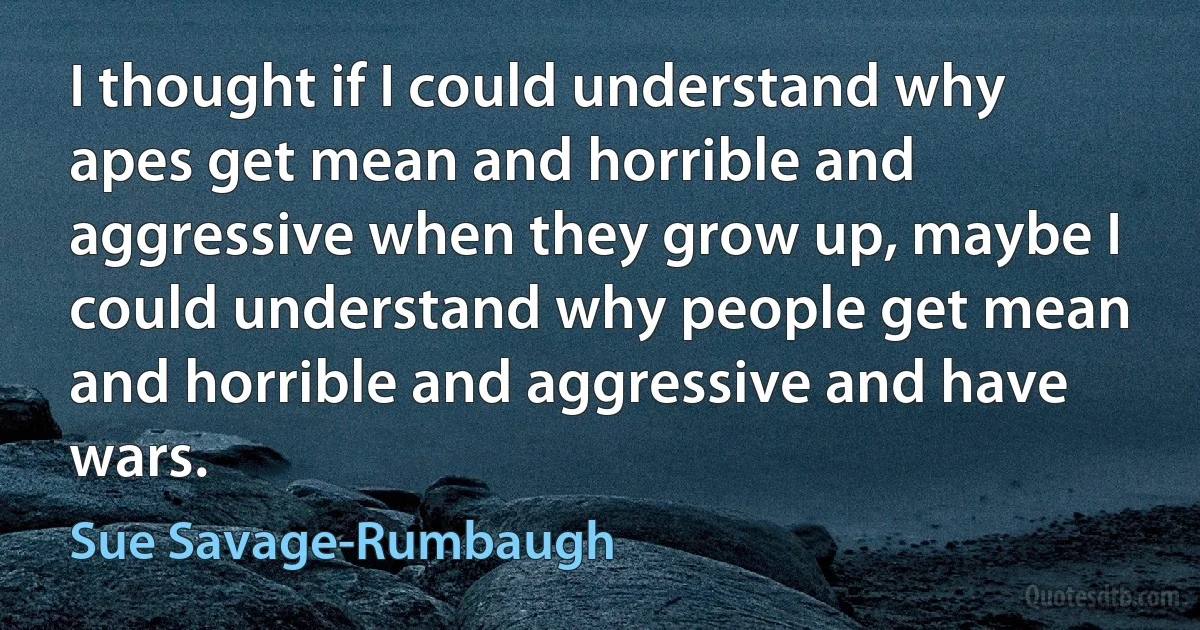 I thought if I could understand why apes get mean and horrible and aggressive when they grow up, maybe I could understand why people get mean and horrible and aggressive and have wars. (Sue Savage-Rumbaugh)