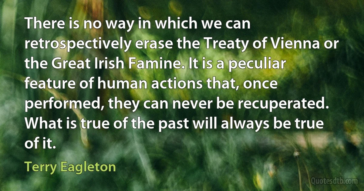 There is no way in which we can retrospectively erase the Treaty of Vienna or the Great Irish Famine. It is a peculiar feature of human actions that, once performed, they can never be recuperated. What is true of the past will always be true of it. (Terry Eagleton)