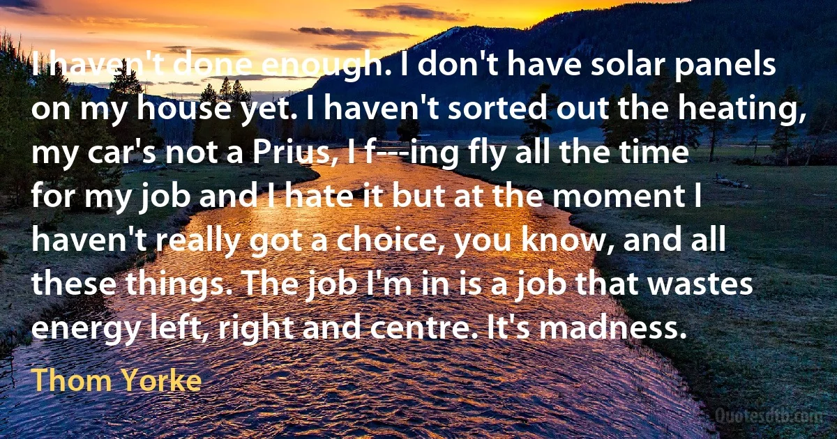 I haven't done enough. I don't have solar panels on my house yet. I haven't sorted out the heating, my car's not a Prius, I f---ing fly all the time for my job and I hate it but at the moment I haven't really got a choice, you know, and all these things. The job I'm in is a job that wastes energy left, right and centre. It's madness. (Thom Yorke)