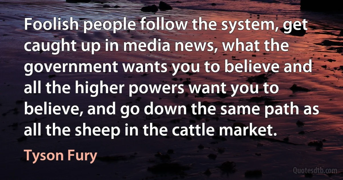 Foolish people follow the system, get caught up in media news, what the government wants you to believe and all the higher powers want you to believe, and go down the same path as all the sheep in the cattle market. (Tyson Fury)