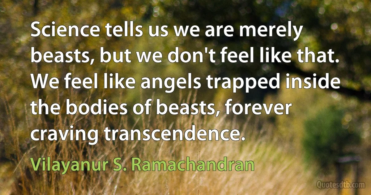 Science tells us we are merely beasts, but we don't feel like that. We feel like angels trapped inside the bodies of beasts, forever craving transcendence. (Vilayanur S. Ramachandran)