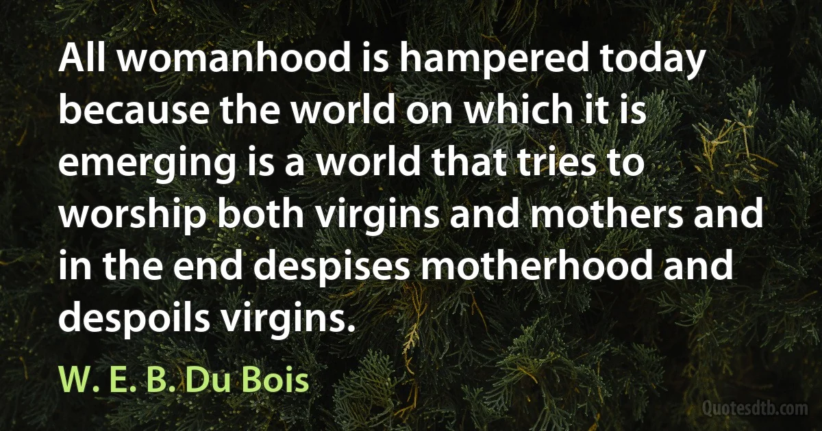 All womanhood is hampered today because the world on which it is emerging is a world that tries to worship both virgins and mothers and in the end despises motherhood and despoils virgins. (W. E. B. Du Bois)