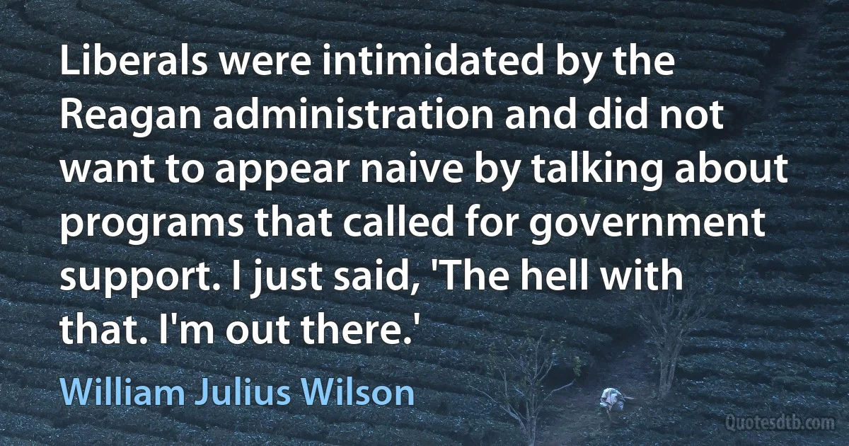 Liberals were intimidated by the Reagan administration and did not want to appear naive by talking about programs that called for government support. I just said, 'The hell with that. I'm out there.' (William Julius Wilson)