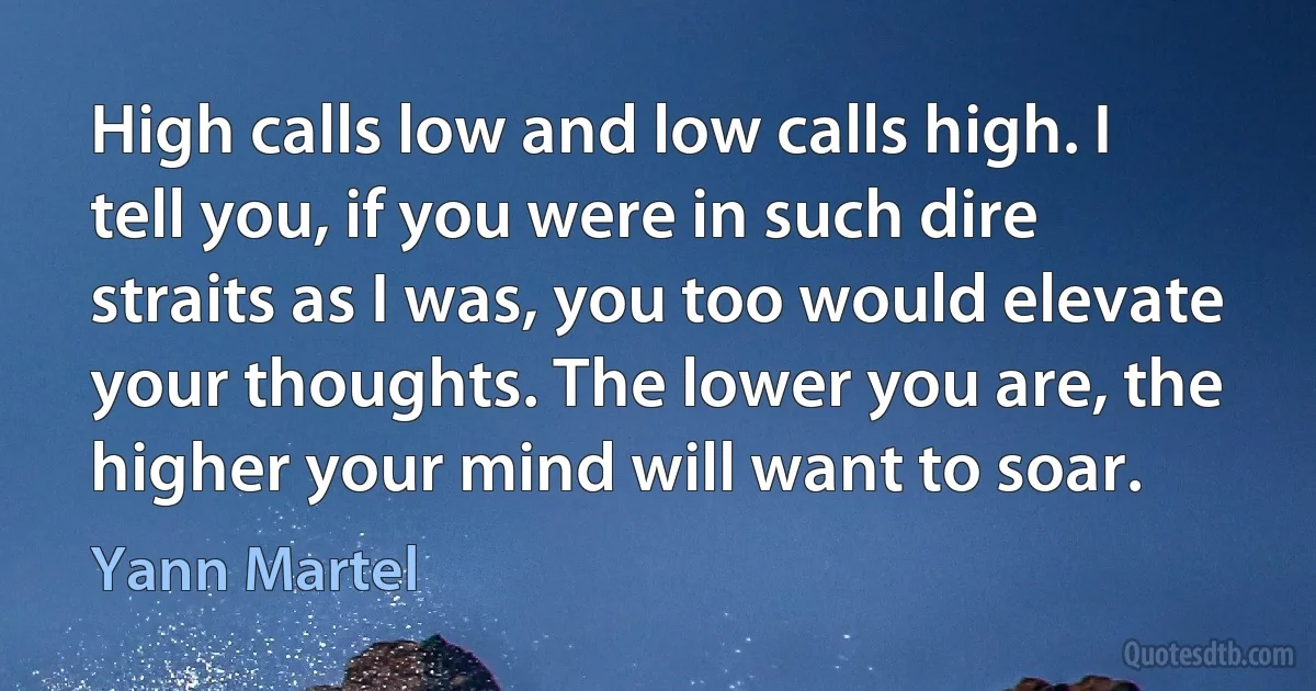 High calls low and low calls high. I tell you, if you were in such dire straits as I was, you too would elevate your thoughts. The lower you are, the higher your mind will want to soar. (Yann Martel)