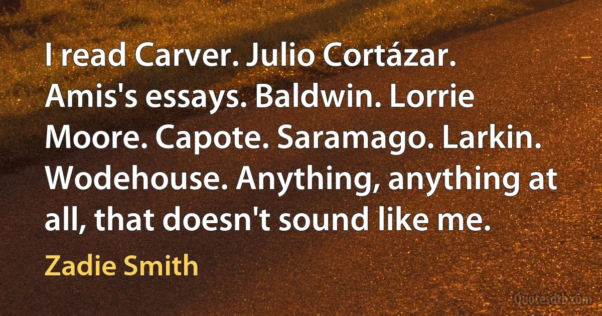 I read Carver. Julio Cortázar. Amis's essays. Baldwin. Lorrie Moore. Capote. Saramago. Larkin. Wodehouse. Anything, anything at all, that doesn't sound like me. (Zadie Smith)