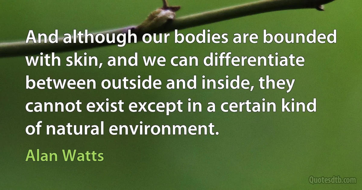 And although our bodies are bounded with skin, and we can differentiate between outside and inside, they cannot exist except in a certain kind of natural environment. (Alan Watts)