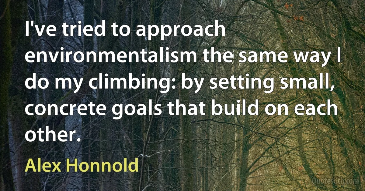 I've tried to approach environmentalism the same way I do my climbing: by setting small, concrete goals that build on each other. (Alex Honnold)