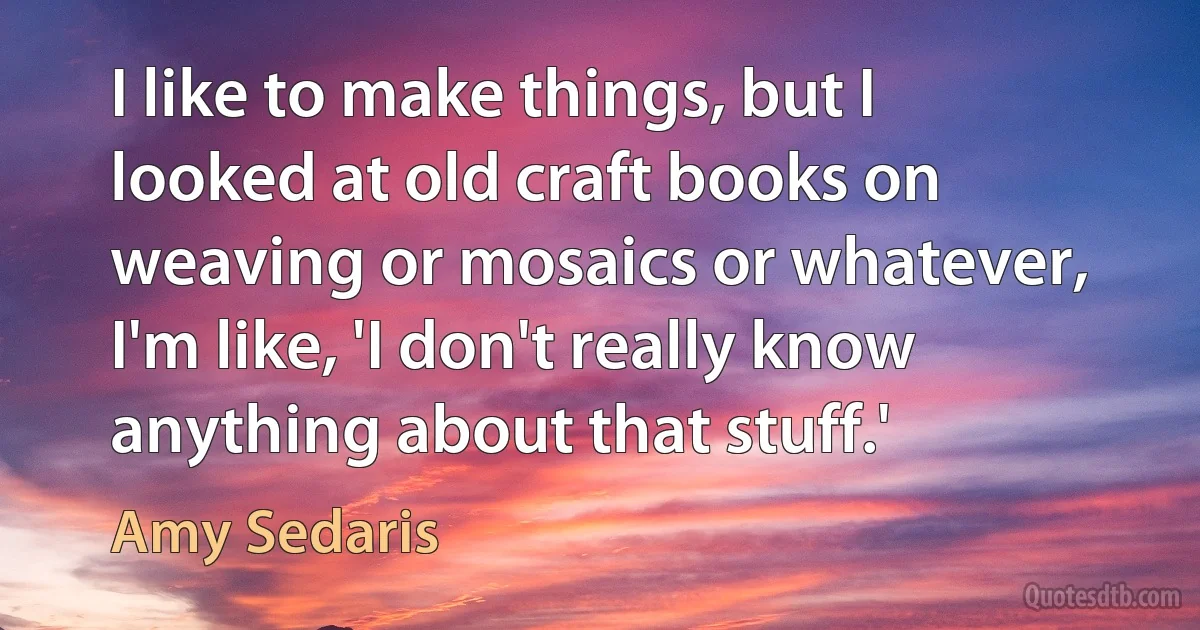 I like to make things, but I looked at old craft books on weaving or mosaics or whatever, I'm like, 'I don't really know anything about that stuff.' (Amy Sedaris)