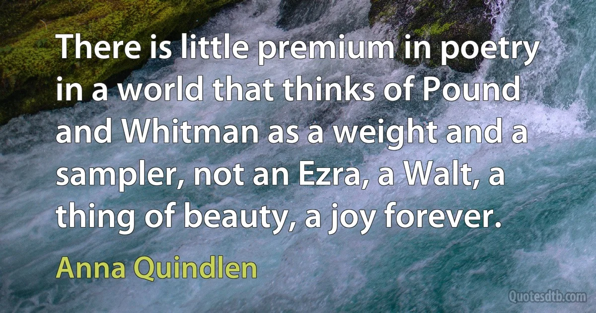 There is little premium in poetry in a world that thinks of Pound and Whitman as a weight and a sampler, not an Ezra, a Walt, a thing of beauty, a joy forever. (Anna Quindlen)