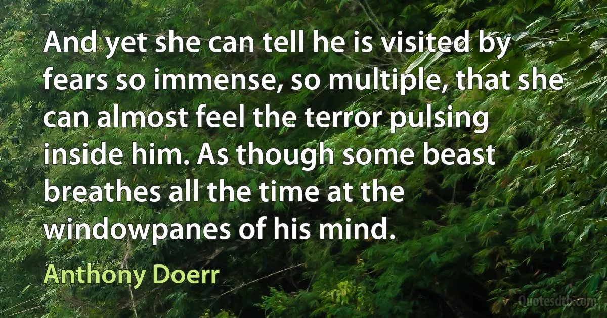 And yet she can tell he is visited by fears so immense, so multiple, that she can almost feel the terror pulsing inside him. As though some beast breathes all the time at the windowpanes of his mind. (Anthony Doerr)