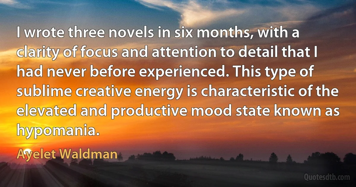 I wrote three novels in six months, with a clarity of focus and attention to detail that I had never before experienced. This type of sublime creative energy is characteristic of the elevated and productive mood state known as hypomania. (Ayelet Waldman)