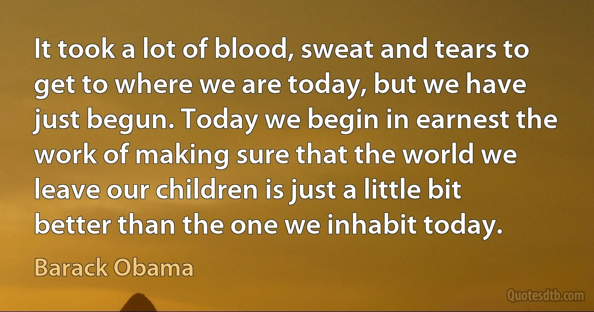 It took a lot of blood, sweat and tears to get to where we are today, but we have just begun. Today we begin in earnest the work of making sure that the world we leave our children is just a little bit better than the one we inhabit today. (Barack Obama)