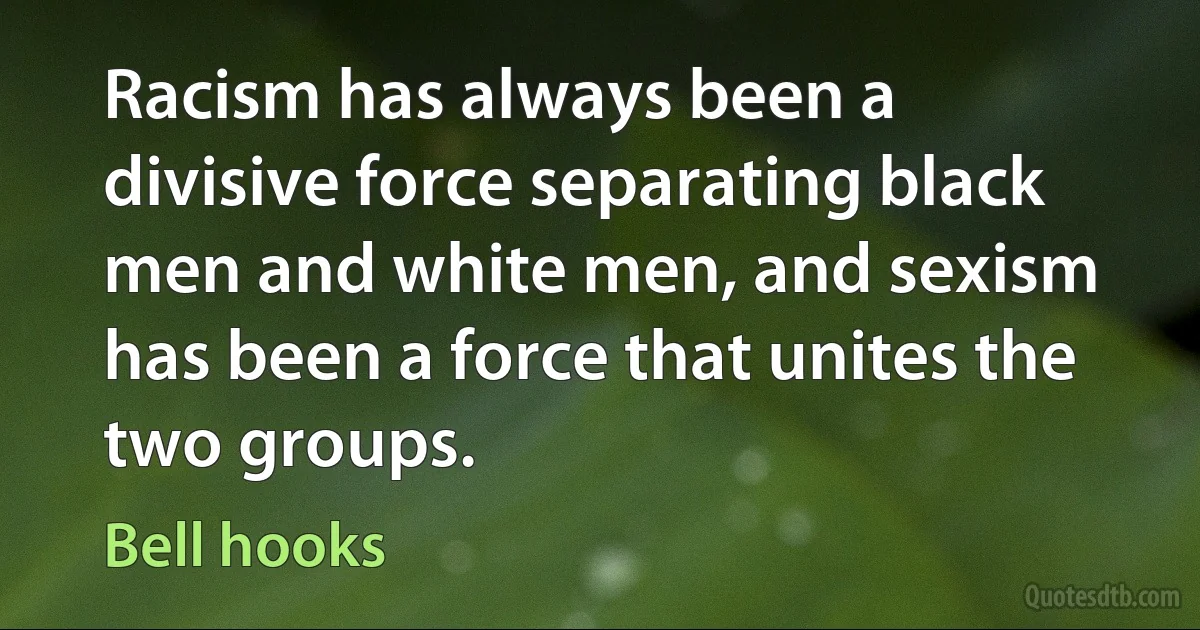 Racism has always been a divisive force separating black men and white men, and sexism has been a force that unites the two groups. (Bell hooks)