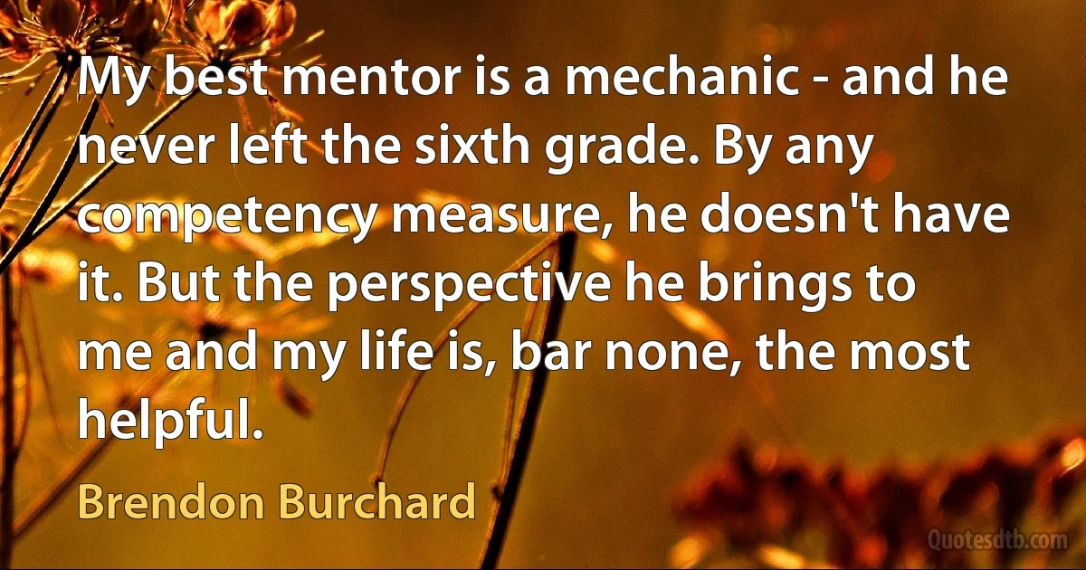 My best mentor is a mechanic - and he never left the sixth grade. By any competency measure, he doesn't have it. But the perspective he brings to me and my life is, bar none, the most helpful. (Brendon Burchard)